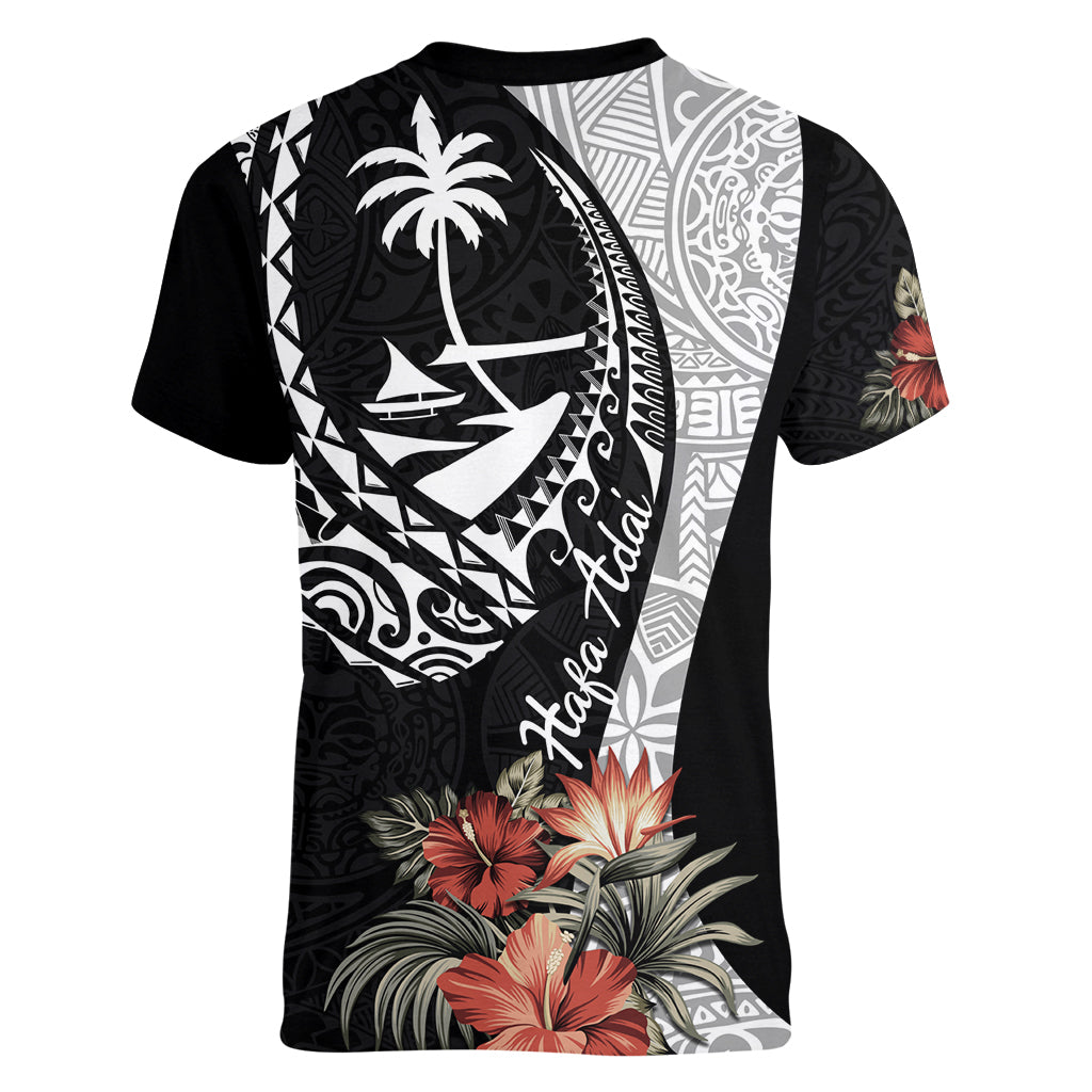 Hafa Adai Guam Women V Neck T Shirt Tropical Flowers with Polynesian Pattern LT9 - Polynesian Pride