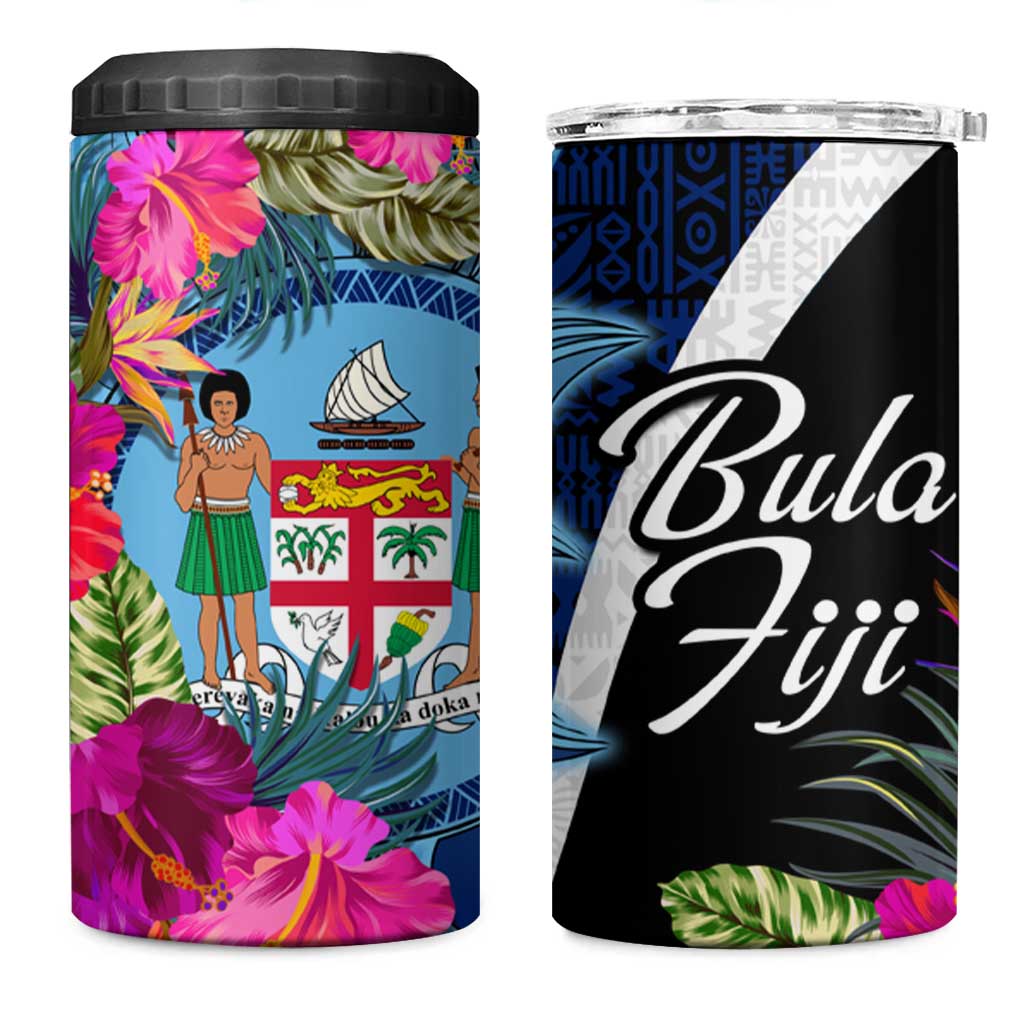 Bula Fiji Vintage Fijian Masi Pattern 4 in 1 Can Cooler Tumbler Blue Unique