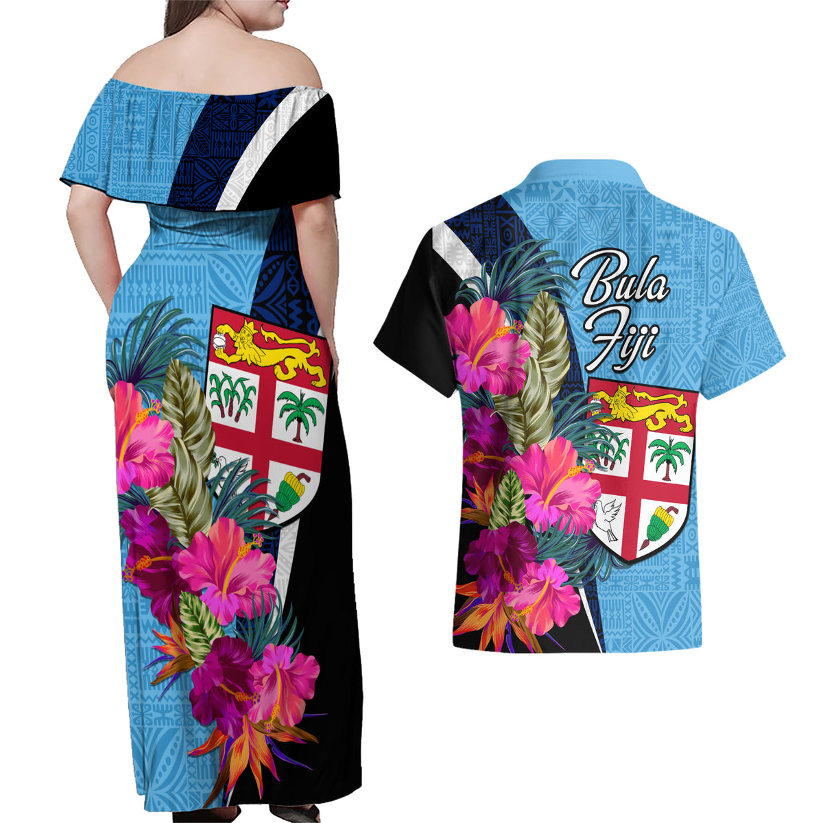 Bula Fiji Vintage Fijian Masi Pattern Couples Matching Off Shoulder Maxi Dress and Hawaiian Shirt Blue Unique LT9 - Polynesian Pride