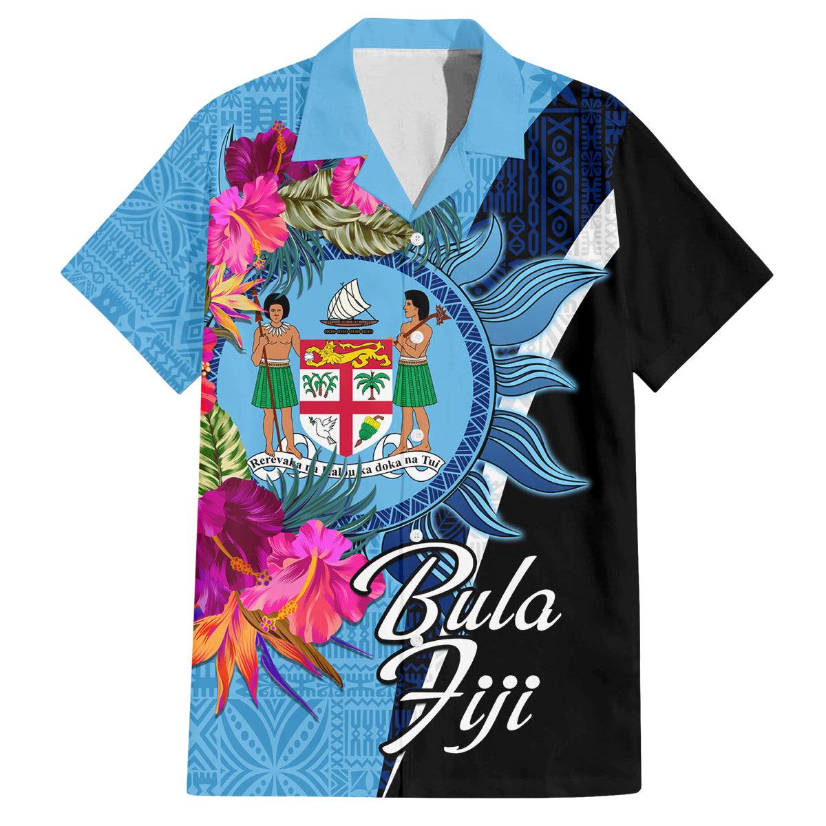 Bula Fiji Vintage Fijian Masi Pattern Family Matching Off Shoulder Long Sleeve Dress and Hawaiian Shirt Blue Unique LT9 Dad's Shirt - Short Sleeve Blue - Polynesian Pride