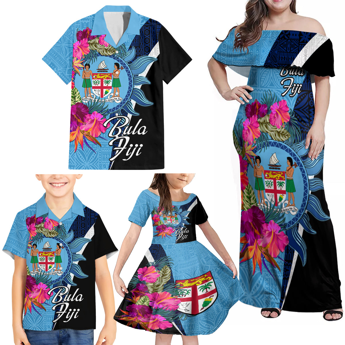 Bula Fiji Vintage Fijian Masi Pattern Family Matching Off Shoulder Maxi Dress and Hawaiian Shirt Blue Unique LT9 - Polynesian Pride