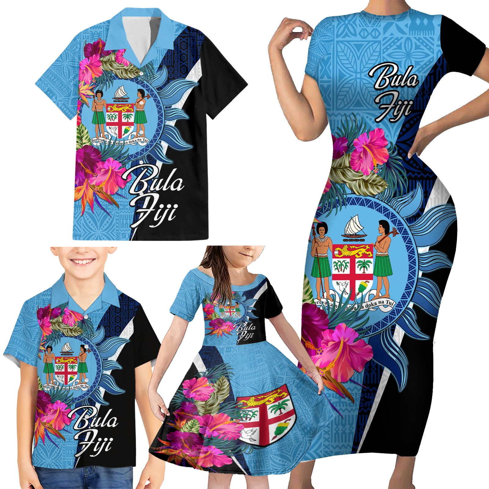 Bula Fiji Vintage Fijian Masi Pattern Family Matching Short Sleeve Bodycon Dress and Hawaiian Shirt Blue Unique LT9 - Polynesian Pride