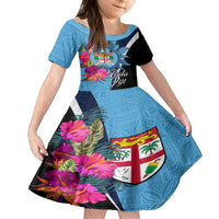 Bula Fiji Vintage Fijian Masi Pattern Family Matching Summer Maxi Dress and Hawaiian Shirt Blue Unique LT9 Daughter's Dress Blue - Polynesian Pride