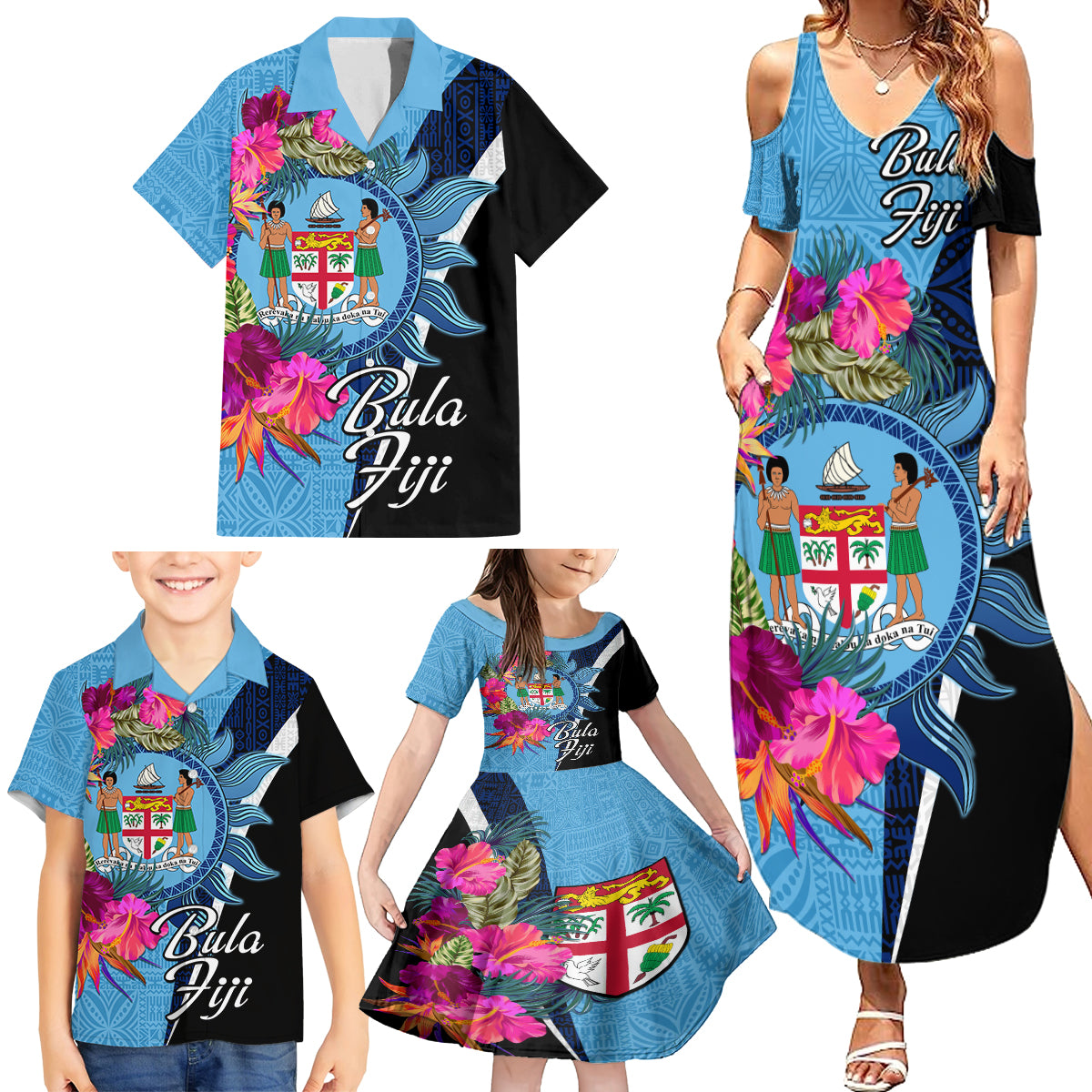 Bula Fiji Vintage Fijian Masi Pattern Family Matching Summer Maxi Dress and Hawaiian Shirt Blue Unique LT9 - Polynesian Pride