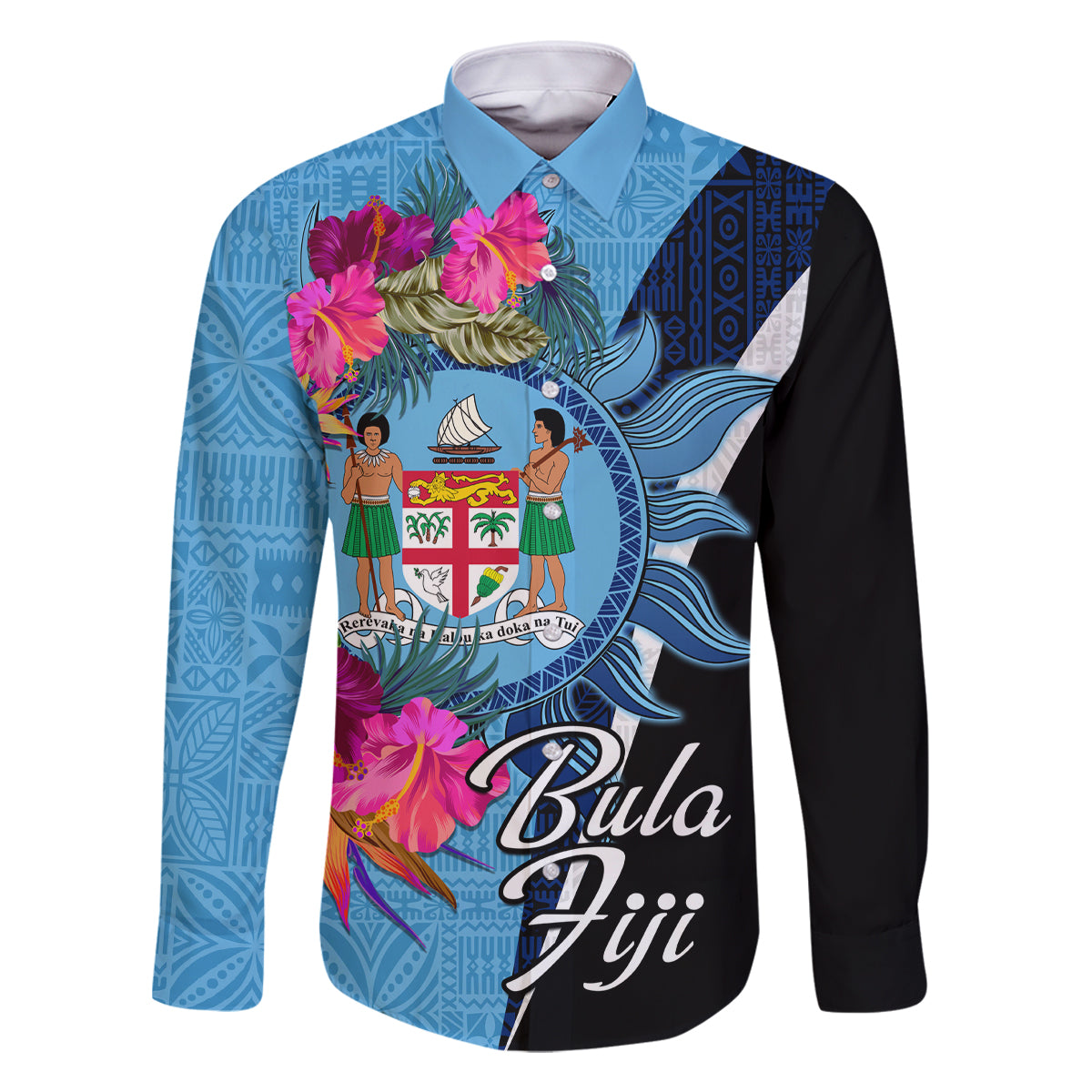 Bula Fiji Vintage Fijian Masi Pattern Family Matching Summer Maxi Dress and Hawaiian Shirt Blue Unique LT9 Dad's Shirt - Long Sleeve Blue - Polynesian Pride