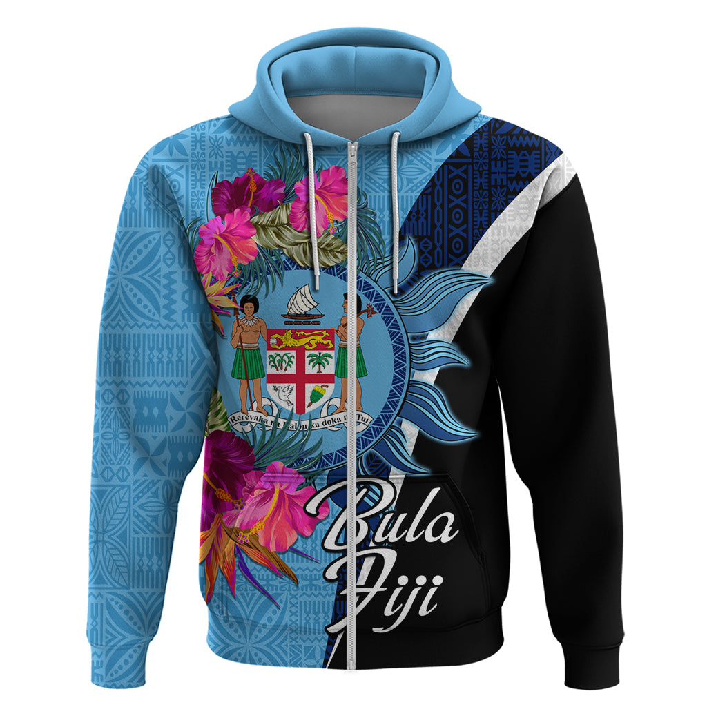 Bula Fiji Vintage Fijian Masi Pattern Hoodie Blue Unique LT9 Zip Hoodie Blue - Polynesian Pride