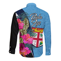 Bula Fiji Vintage Fijian Masi Pattern Long Sleeve Button Shirt Blue Unique LT9 - Polynesian Pride