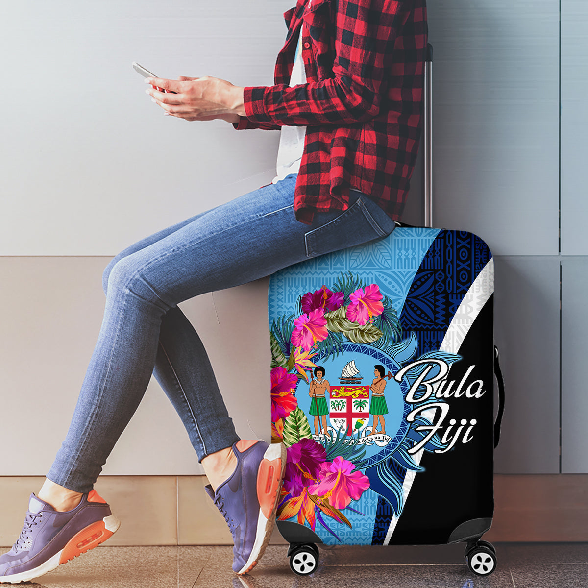 Bula Fiji Vintage Fijian Masi Pattern Luggage Cover Blue Unique LT9 - Polynesian Pride