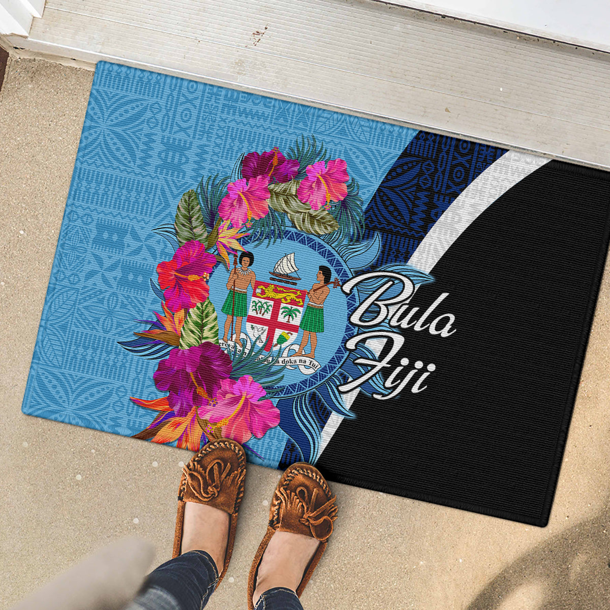 Bula Fiji Vintage Fijian Masi Pattern Rubber Doormat Blue Unique LT9 - Polynesian Pride