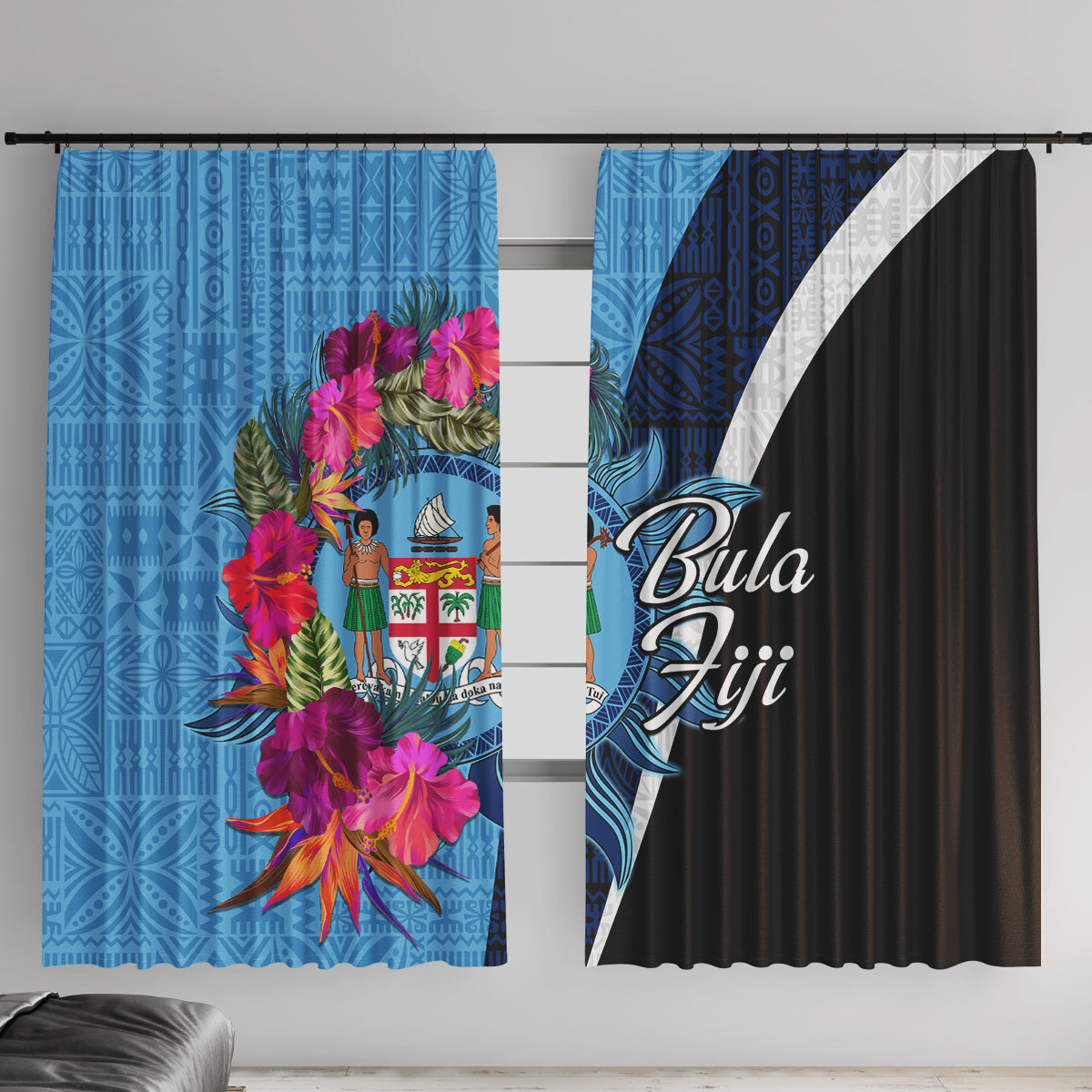 Bula Fiji Vintage Fijian Masi Pattern Window Curtain Blue Unique LT9 With Hooks Blue - Polynesian Pride