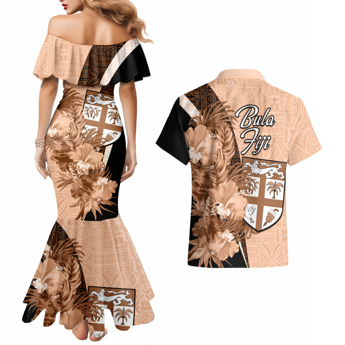 Bula Fiji Vintage Fijian Masi Pattern Couples Matching Mermaid Dress and Hawaiian Shirt Peach Fuzz Unique LT9 - Polynesian Pride