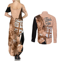 Bula Fiji Vintage Fijian Masi Pattern Couples Matching Summer Maxi Dress and Long Sleeve Button Shirt Peach Fuzz Unique LT9 - Polynesian Pride