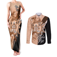 Bula Fiji Vintage Fijian Masi Pattern Couples Matching Tank Maxi Dress and Long Sleeve Button Shirt Peach Fuzz Unique LT9 Peach Fuzz - Polynesian Pride