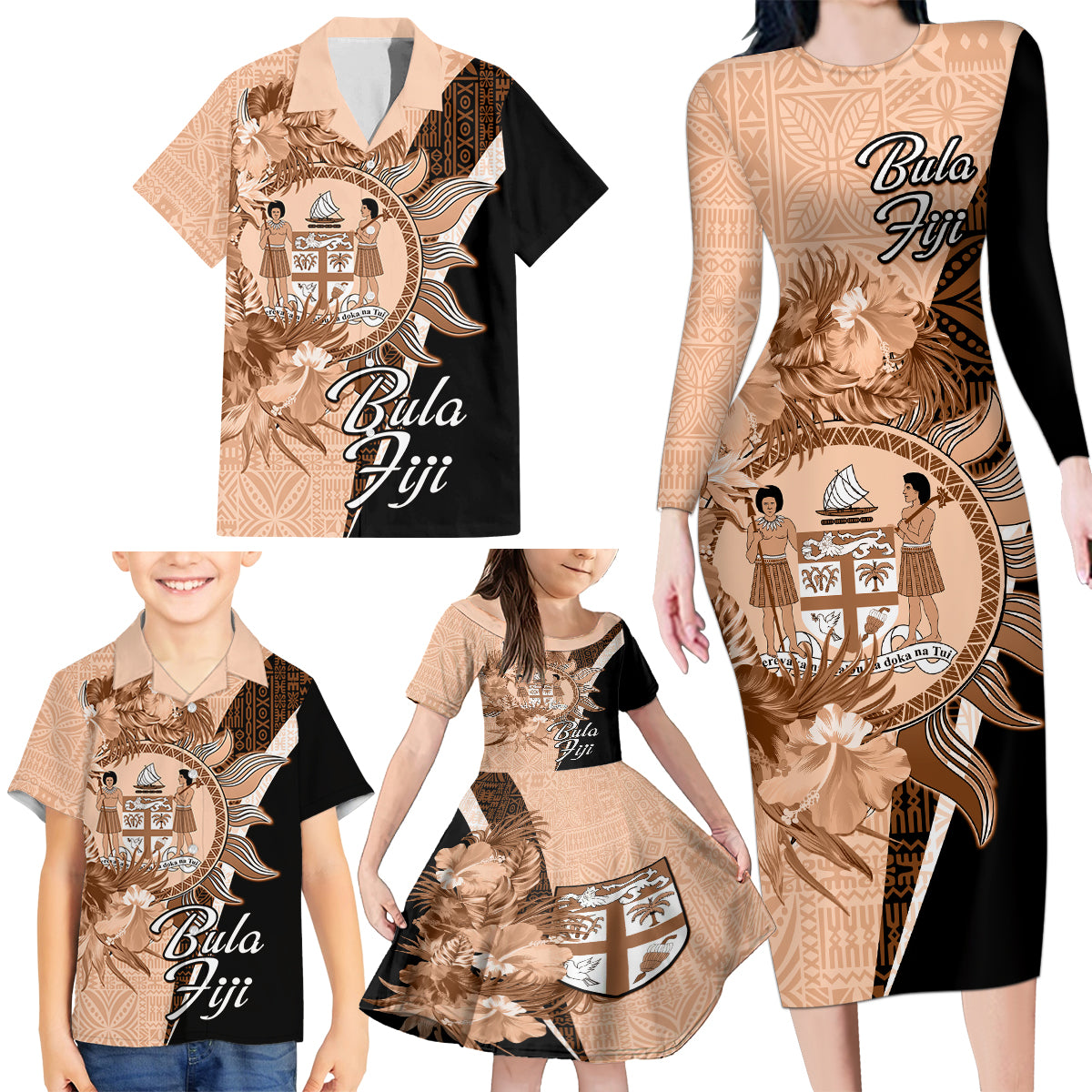 Bula Fiji Vintage Fijian Masi Pattern Family Matching Long Sleeve Bodycon Dress and Hawaiian Shirt Peach Fuzz Unique LT9 - Polynesian Pride