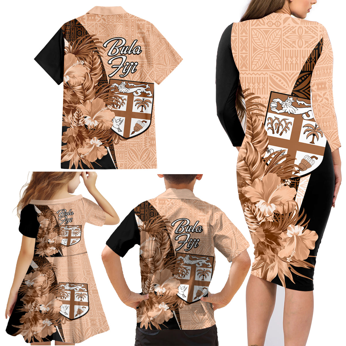 Bula Fiji Vintage Fijian Masi Pattern Family Matching Long Sleeve Bodycon Dress and Hawaiian Shirt Peach Fuzz Unique LT9 - Polynesian Pride