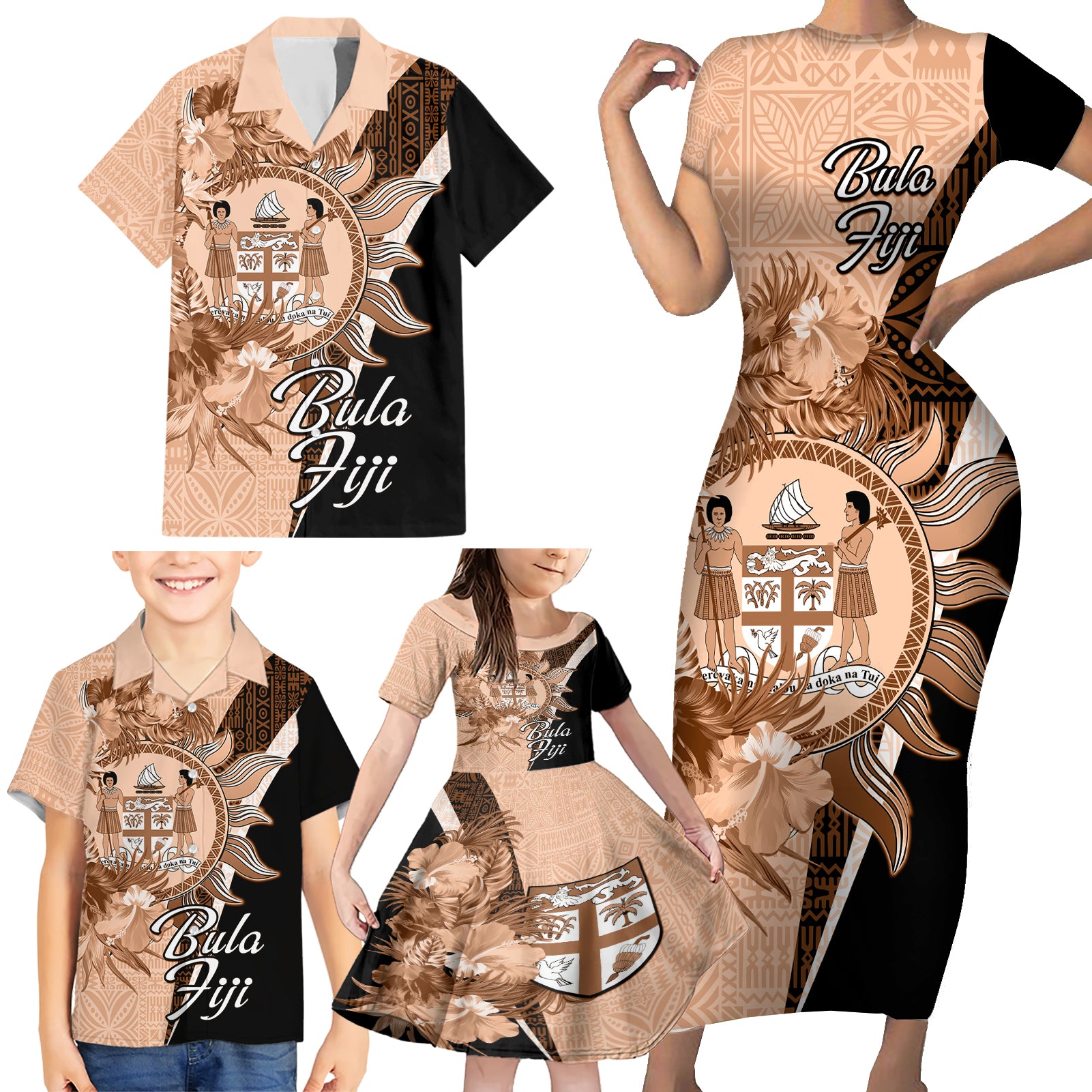 Bula Fiji Vintage Fijian Masi Pattern Family Matching Short Sleeve Bodycon Dress and Hawaiian Shirt Peach Fuzz Unique LT9 - Polynesian Pride