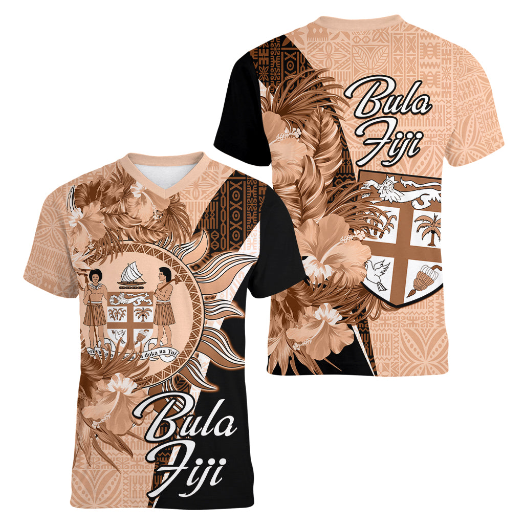 Bula Fiji Vintage Fijian Masi Pattern Women V Neck T Shirt Peach Fuzz Unique LT9 - Polynesian Pride