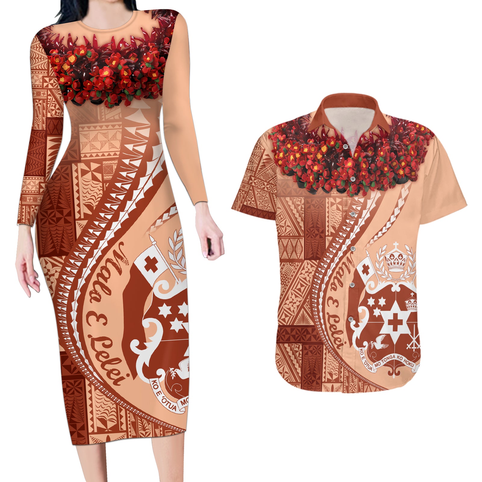 Vintage Tonga Kahoa Heilala Flower Couples Matching Long Sleeve Bodycon Dress and Hawaiian Shirt LT9 Peach Fuzz - Polynesian Pride