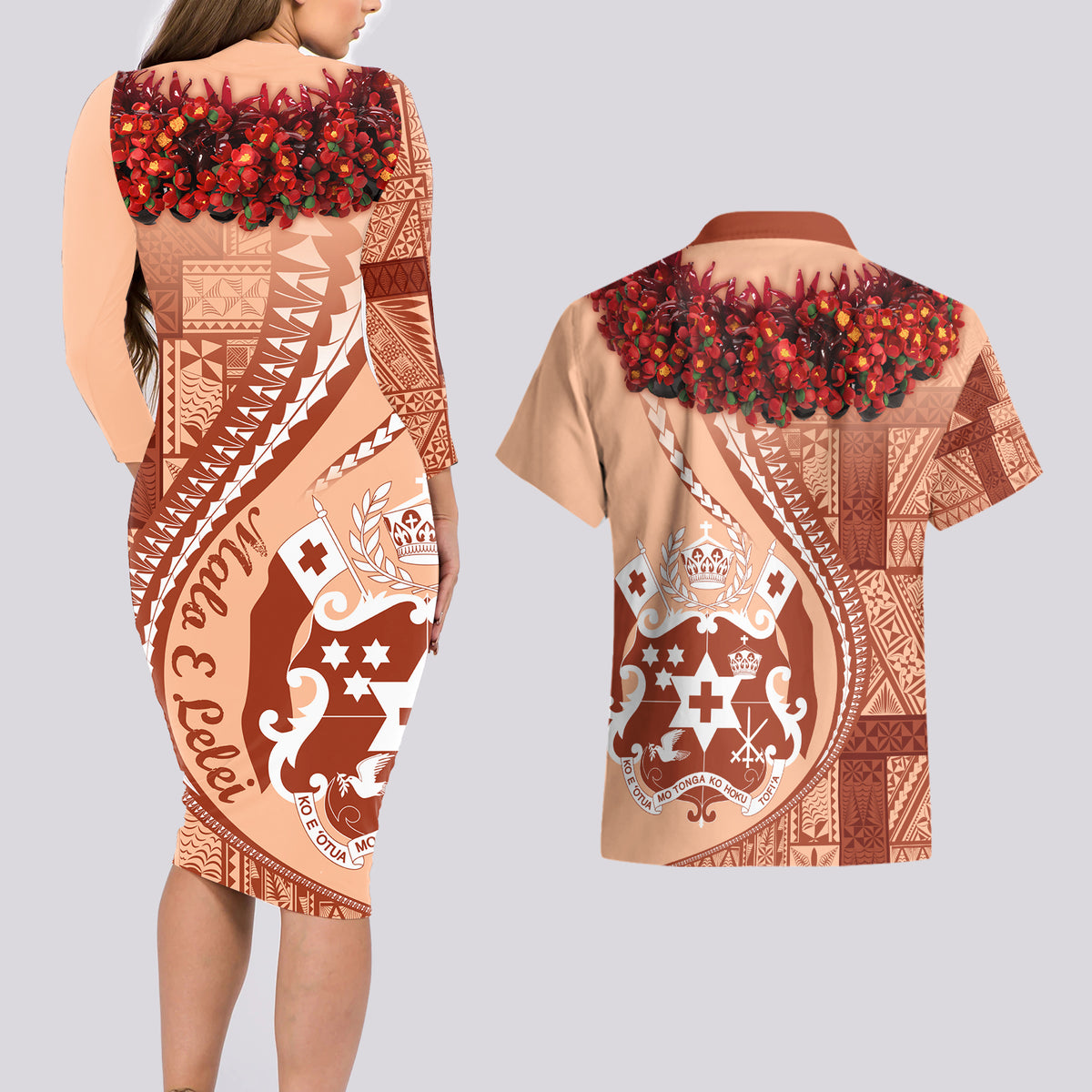Vintage Tonga Kahoa Heilala Flower Couples Matching Long Sleeve Bodycon Dress and Hawaiian Shirt LT9 - Polynesian Pride