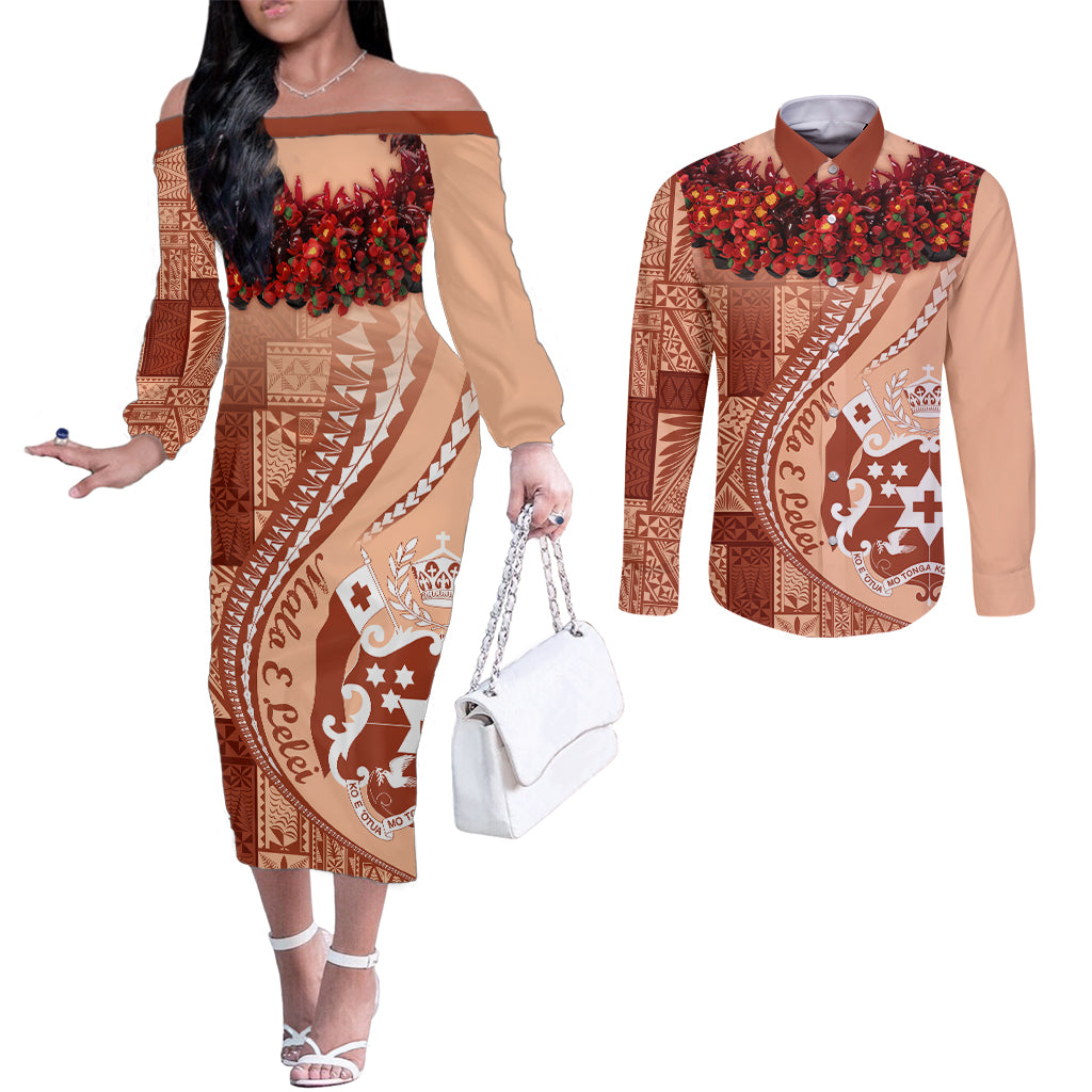 Vintage Tonga Kahoa Heilala Flower Couples Matching Off The Shoulder Long Sleeve Dress and Long Sleeve Button Shirt LT9 Peach Fuzz - Polynesian Pride