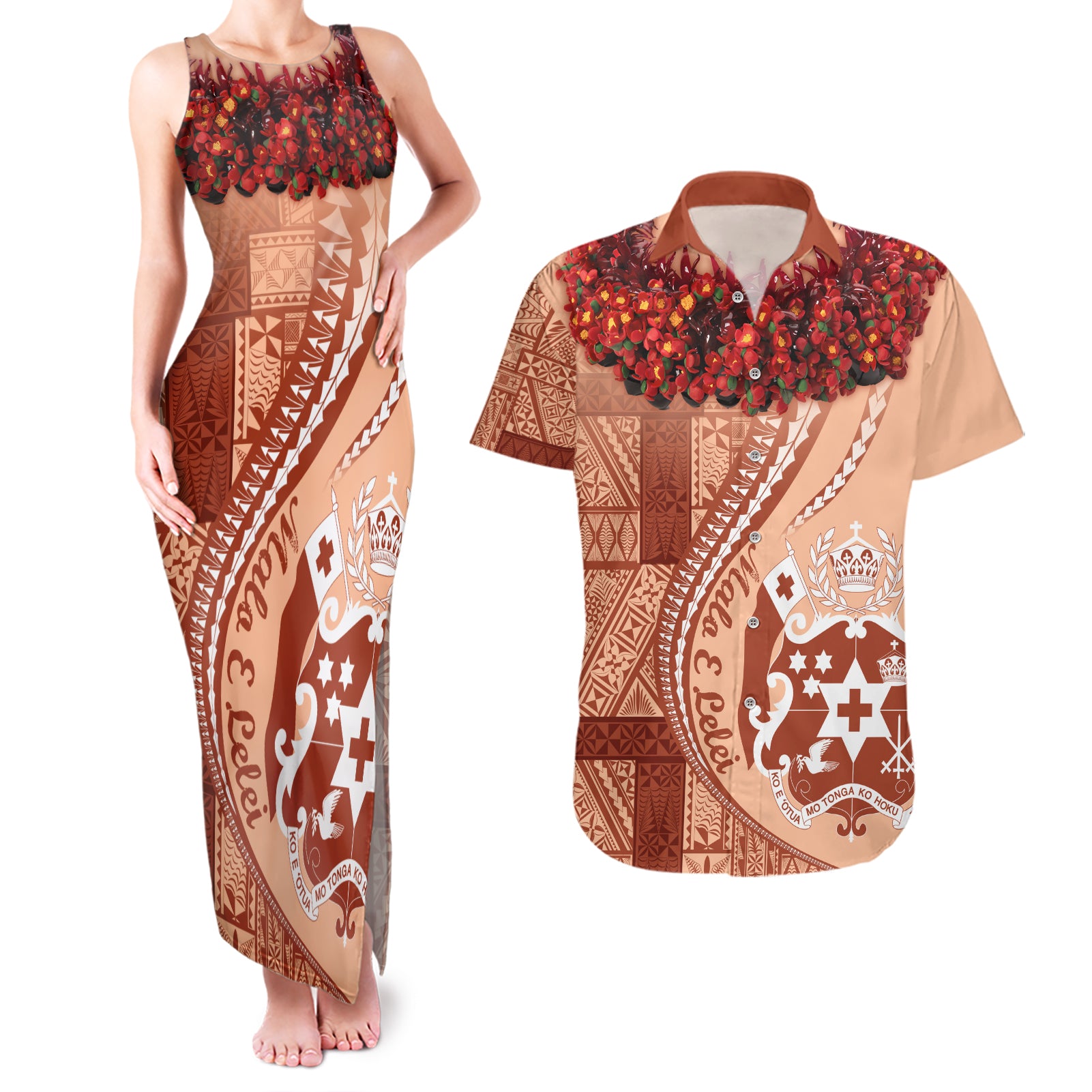 Vintage Tonga Kahoa Heilala Flower Couples Matching Tank Maxi Dress and Hawaiian Shirt LT9 Peach Fuzz - Polynesian Pride