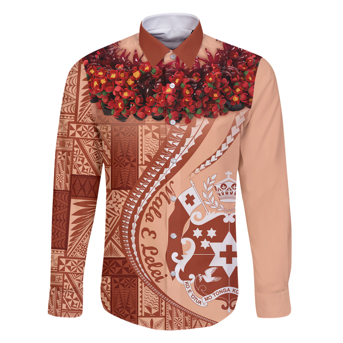 Vintage Tonga Kahoa Heilala Flower Family Matching Long Sleeve Bodycon Dress and Hawaiian Shirt LT9 Dad's Shirt - Long Sleeve Peach Fuzz - Polynesian Pride