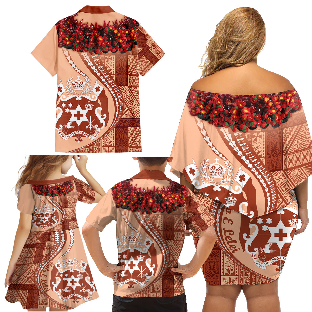 Vintage Tonga Kahoa Heilala Flower Family Matching Off Shoulder Short Dress and Hawaiian Shirt LT9 - Polynesian Pride