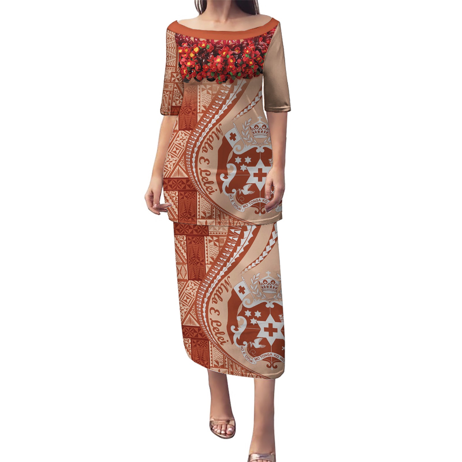 Vintage Tonga Kahoa Heilala Flower Puletasi LT9 Long Dress Peach Fuzz - Polynesian Pride