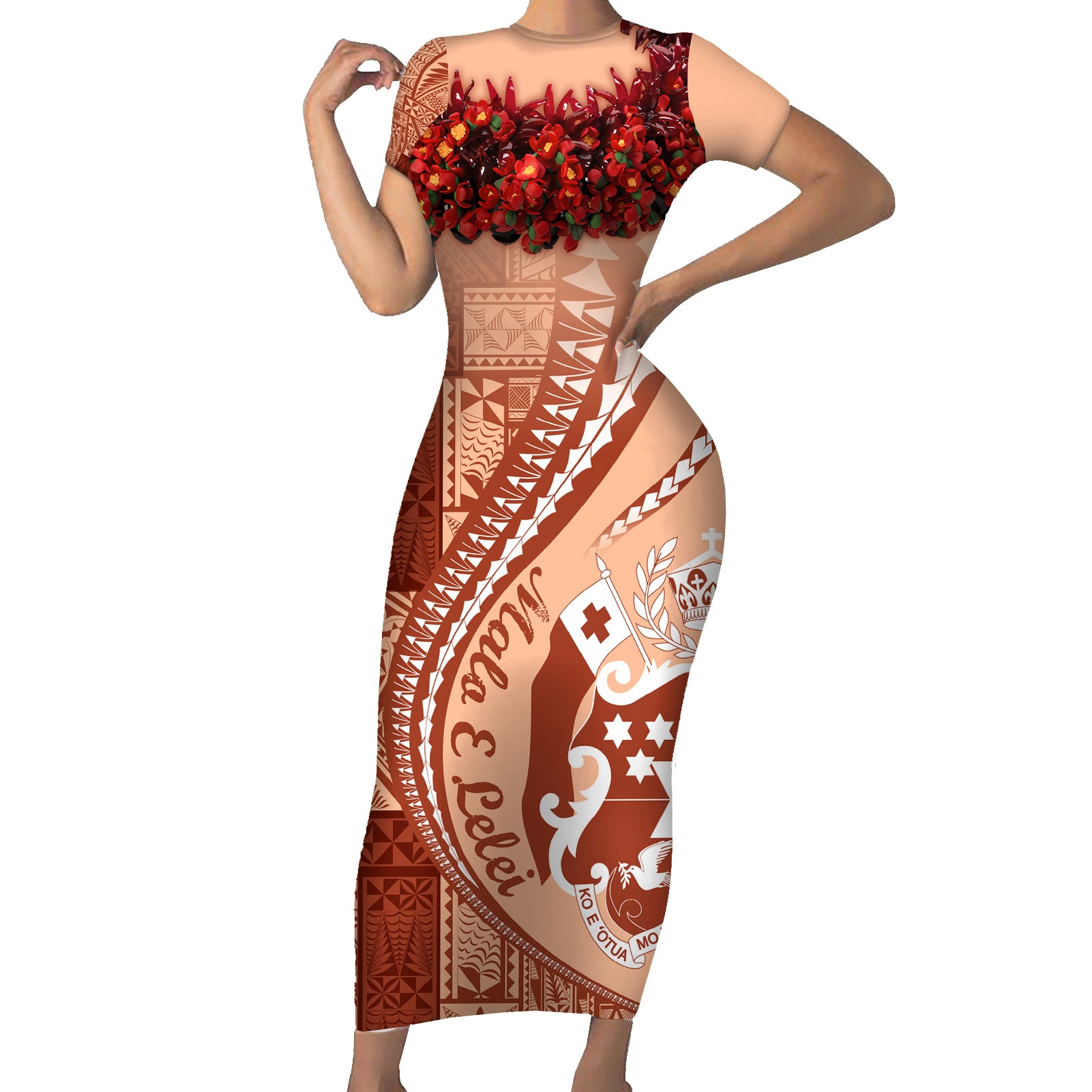 Vintage Tonga Kahoa Heilala Flower Short Sleeve Bodycon Dress LT9 Long Dress Peach Fuzz - Polynesian Pride