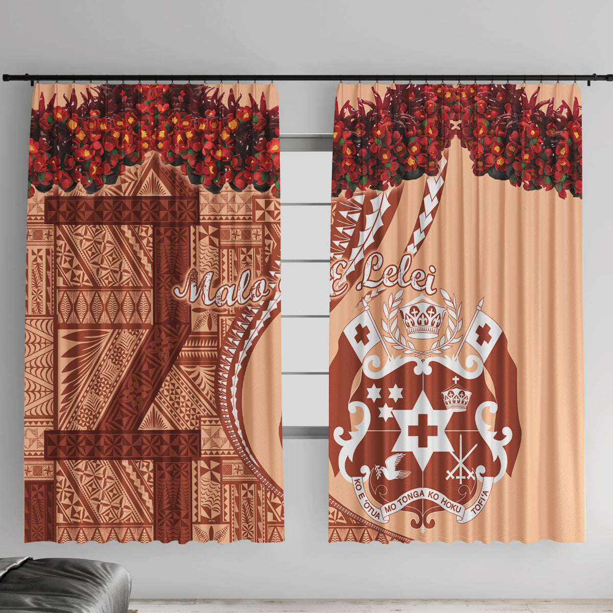 Vintage Tonga Kahoa Heilala Flower Window Curtain LT9 With Hooks Peach Fuzz - Polynesian Pride