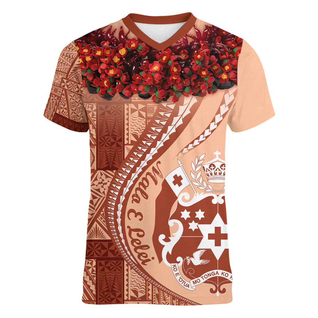 Vintage Tonga Kahoa Heilala Flower Women V Neck T Shirt LT9 Female Peach Fuzz - Polynesian Pride