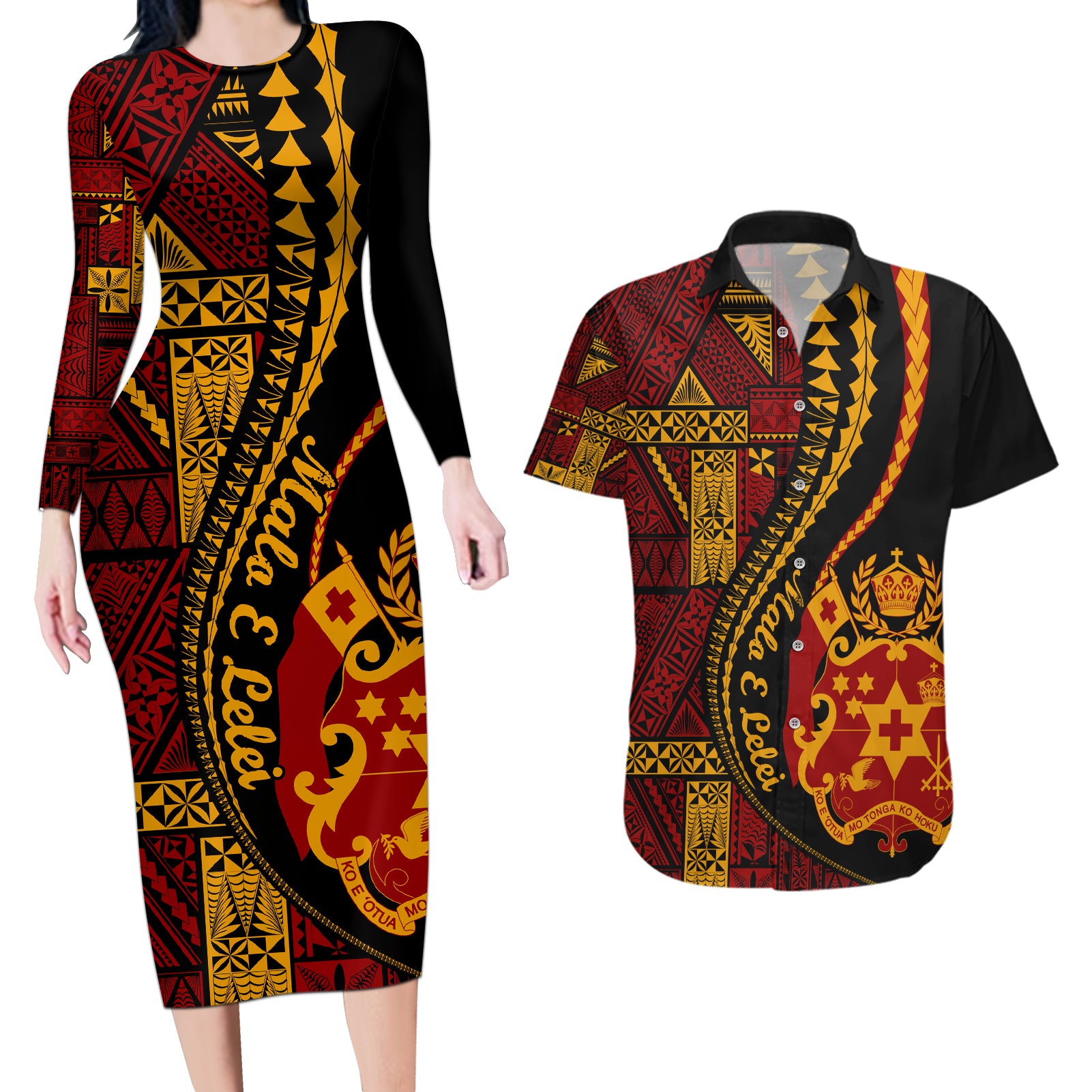 Vintage Tonga Malo E Lelei Ngatu Pattern Couples Matching Long Sleeve Bodycon Dress and Hawaiian Shirt LT9 Red - Polynesian Pride