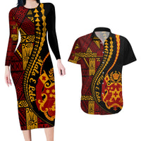 Vintage Tonga Malo E Lelei Ngatu Pattern Couples Matching Long Sleeve Bodycon Dress and Hawaiian Shirt LT9 Red - Polynesian Pride