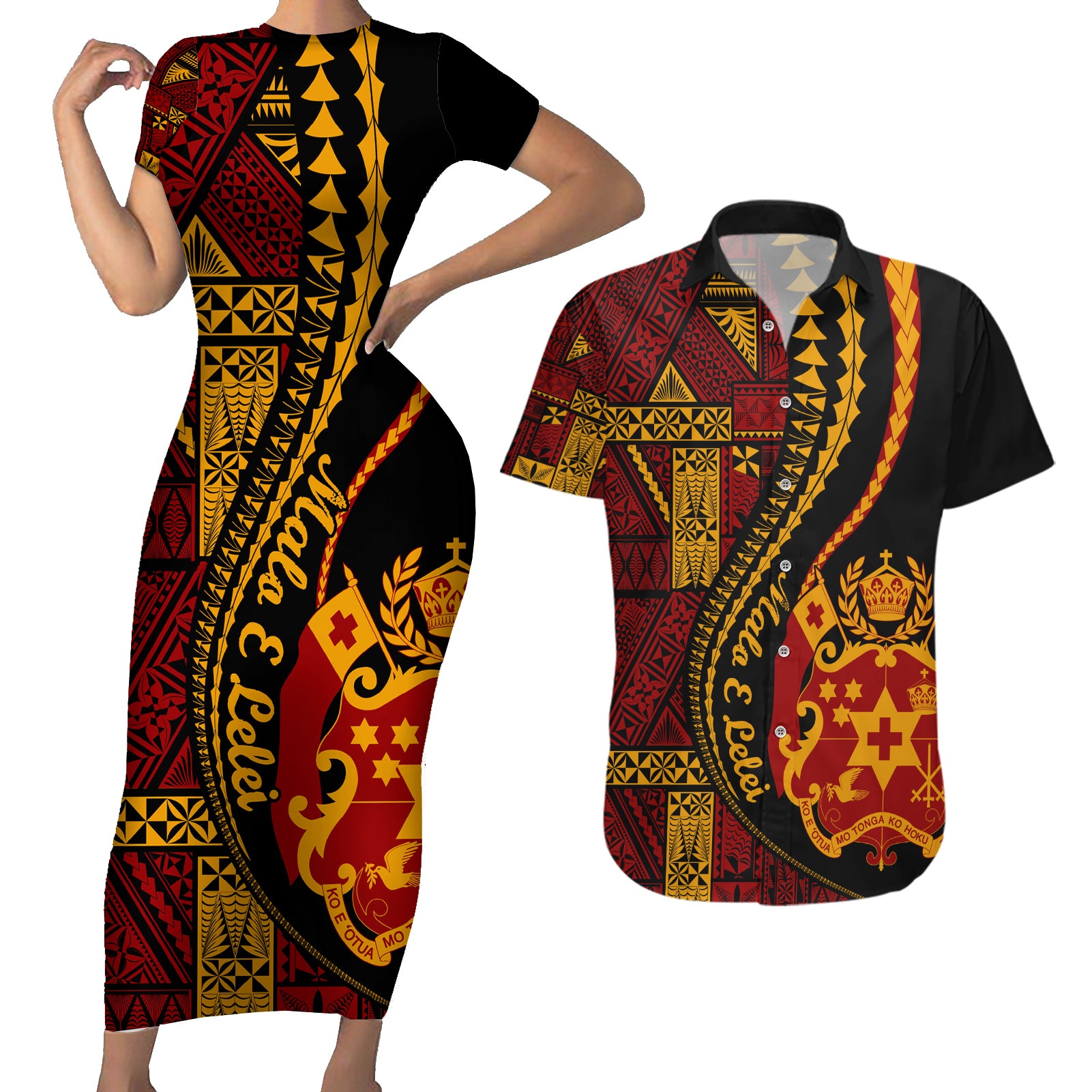 Vintage Tonga Malo E Lelei Ngatu Pattern Couples Matching Short Sleeve Bodycon Dress and Hawaiian Shirt LT9 Red - Polynesian Pride