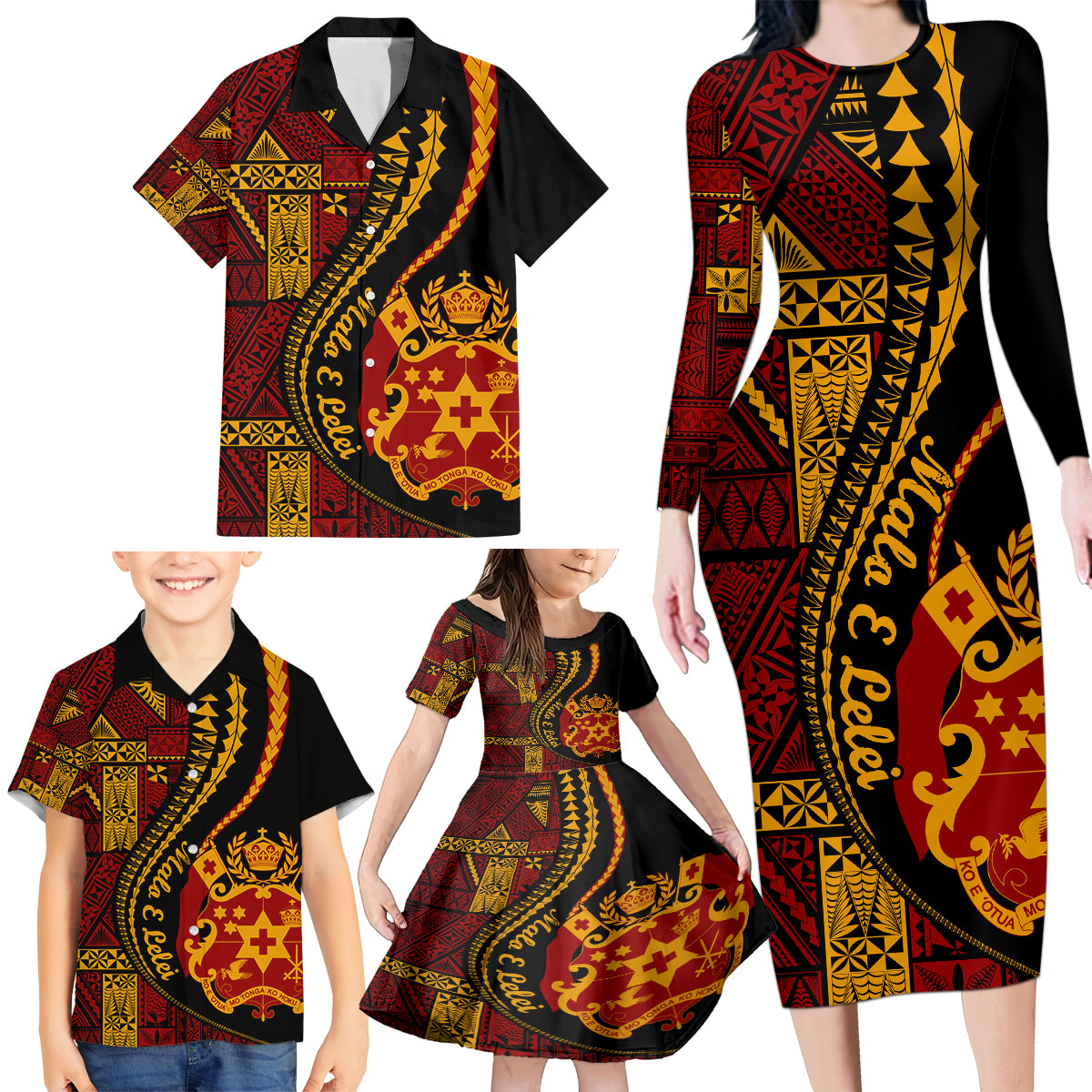 Vintage Tonga Malo E Lelei Ngatu Pattern Family Matching Long Sleeve Bodycon Dress and Hawaiian Shirt LT9 - Polynesian Pride