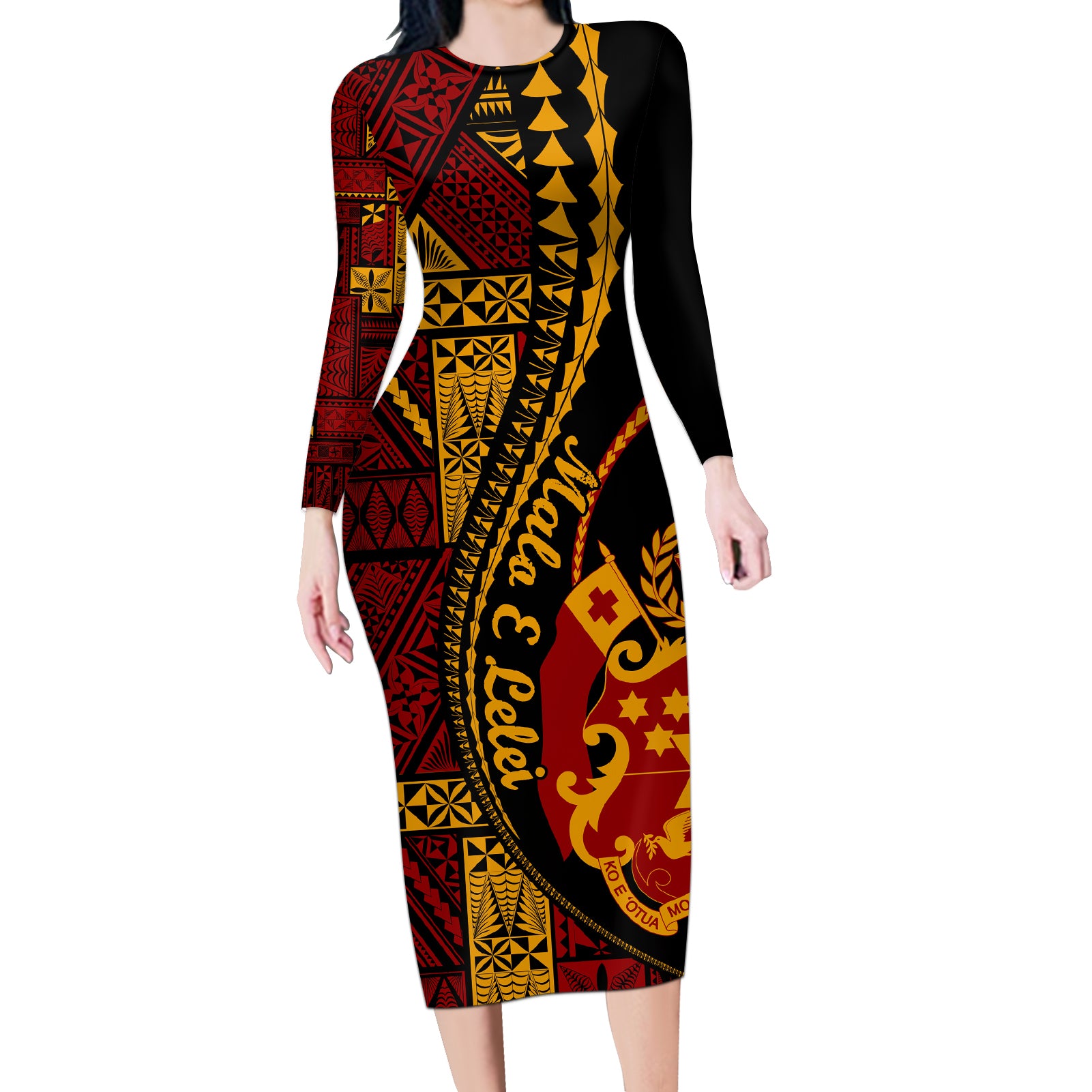 Vintage Tonga Malo E Lelei Ngatu Pattern Long Sleeve Bodycon Dress LT9 Long Dress Red - Polynesian Pride