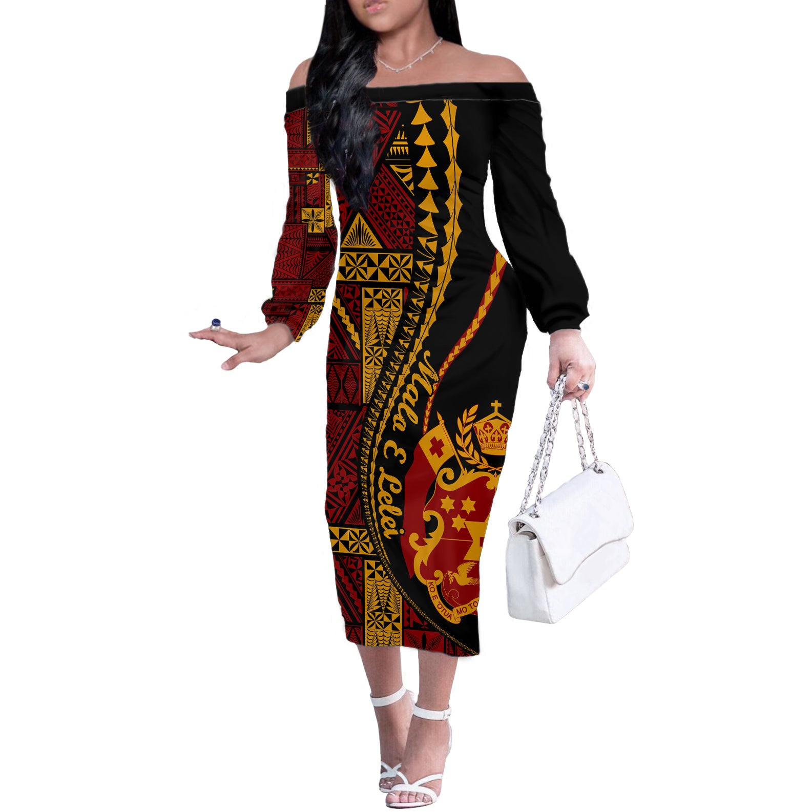 Vintage Tonga Malo E Lelei Ngatu Pattern Off The Shoulder Long Sleeve Dress LT9 Women Red - Polynesian Pride