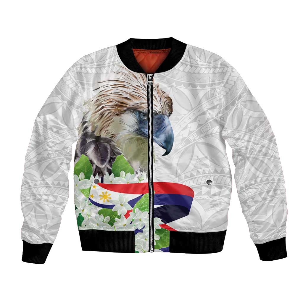 Philippines Eagle and Sampaguita Flowers Bomber Jacket Polynesian Pattern LT9 Unisex White - Polynesian Pride