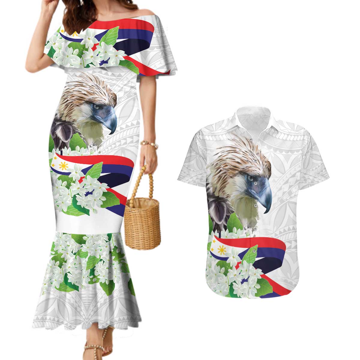 Philippines Eagle and Sampaguita Flowers Couples Matching Mermaid Dress and Hawaiian Shirt Polynesian Pattern