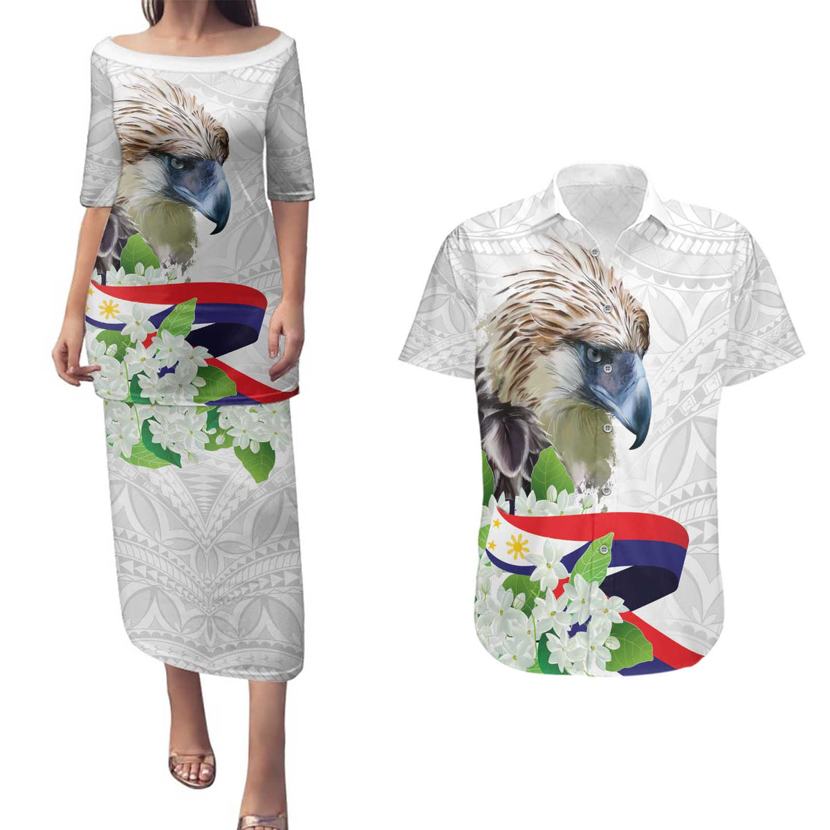 Philippines Eagle and Sampaguita Flowers Couples Matching Puletasi and Hawaiian Shirt Polynesian Pattern