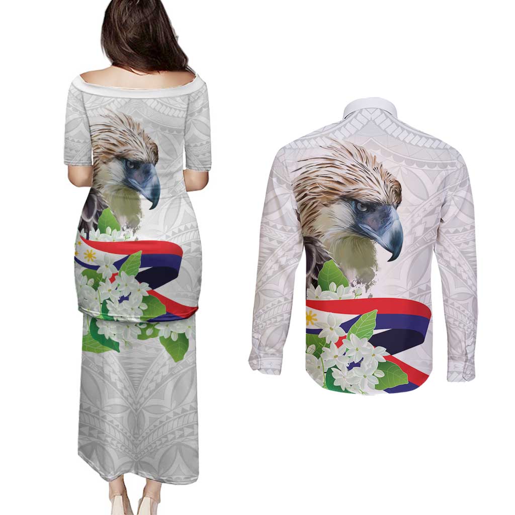 Philippines Eagle and Sampaguita Flowers Couples Matching Puletasi and Long Sleeve Button Shirt Polynesian Pattern
