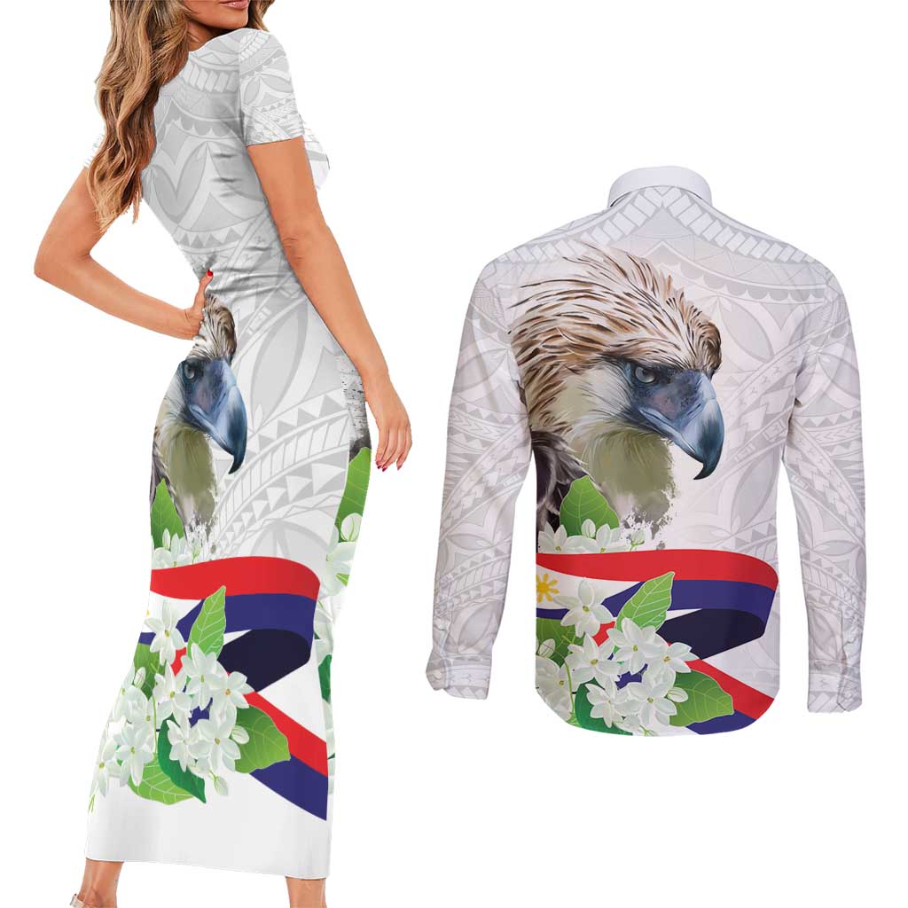 Philippines Eagle and Sampaguita Flowers Couples Matching Short Sleeve Bodycon Dress and Long Sleeve Button Shirt Polynesian Pattern