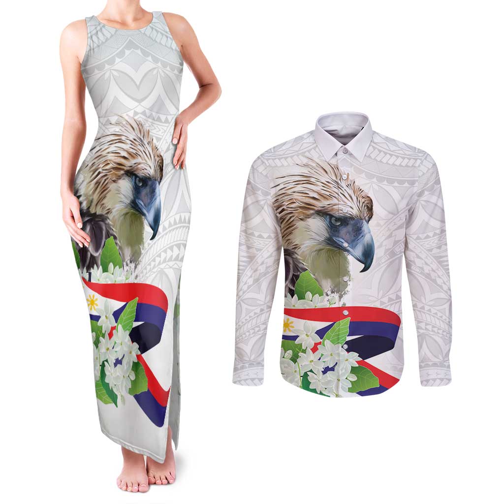 Philippines Eagle and Sampaguita Flowers Couples Matching Tank Maxi Dress and Long Sleeve Button Shirt Polynesian Pattern
