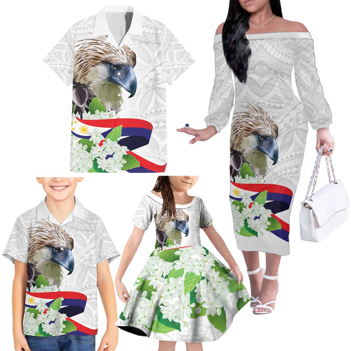 Philippines Eagle and Sampaguita Flowers Family Matching Off The Shoulder Long Sleeve Dress and Hawaiian Shirt Polynesian Pattern