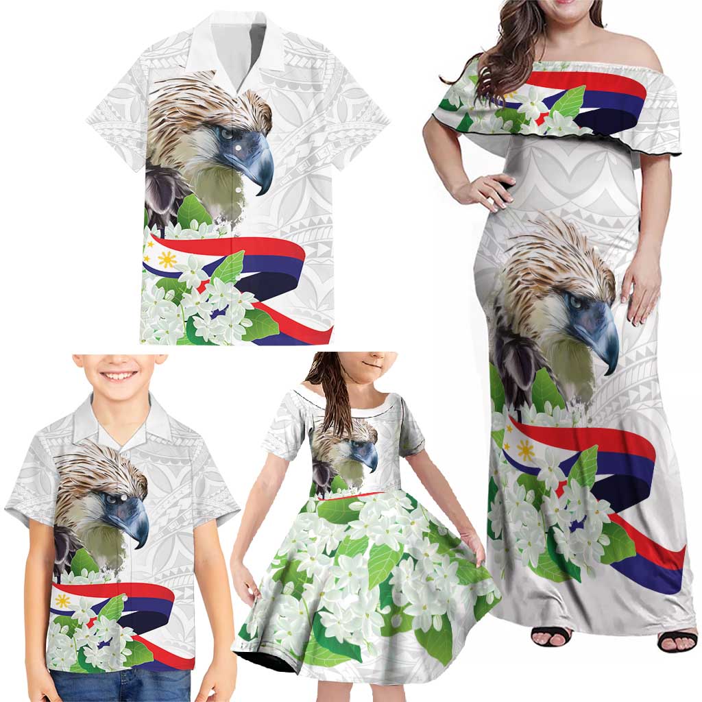 Philippines Eagle and Sampaguita Flowers Family Matching Off Shoulder Maxi Dress and Hawaiian Shirt Polynesian Pattern