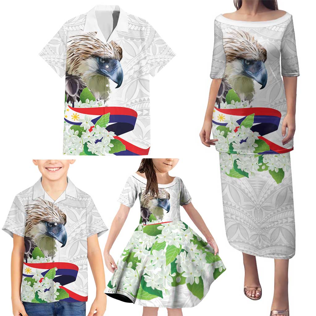 Philippines Eagle and Sampaguita Flowers Family Matching Puletasi and Hawaiian Shirt Polynesian Pattern