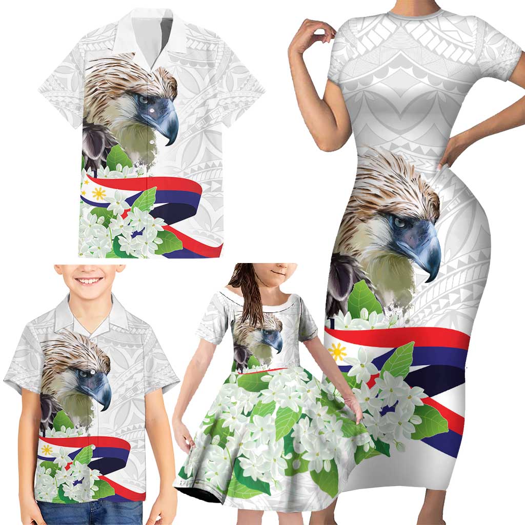 Philippines Eagle and Sampaguita Flowers Family Matching Short Sleeve Bodycon Dress and Hawaiian Shirt Polynesian Pattern