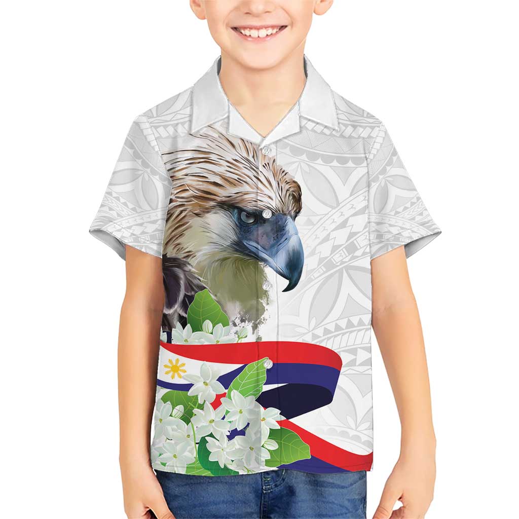 Philippines Eagle and Sampaguita Flowers Kid Hawaiian Shirt Polynesian Pattern