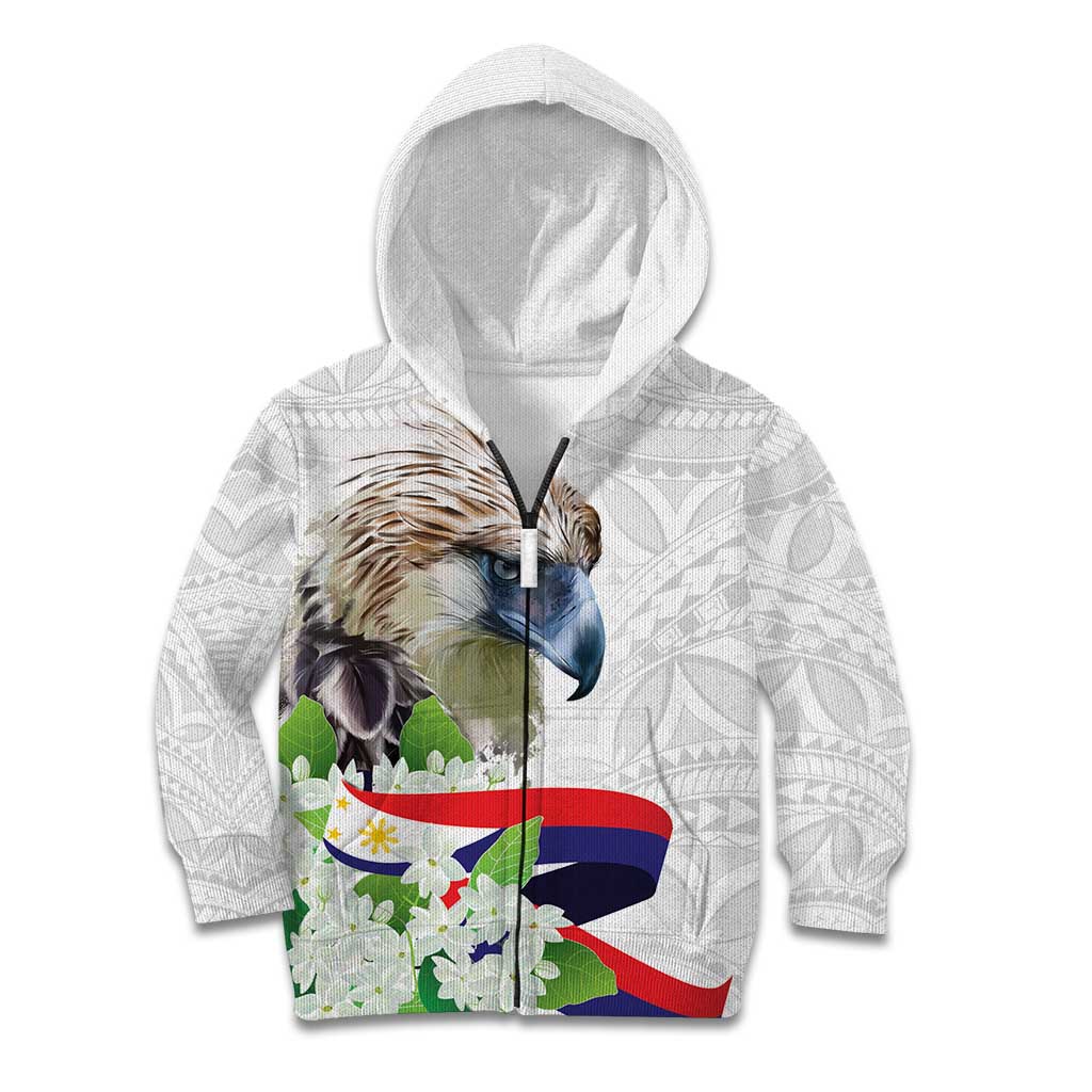 Philippines Eagle and Sampaguita Flowers Kid Hoodie Polynesian Pattern
