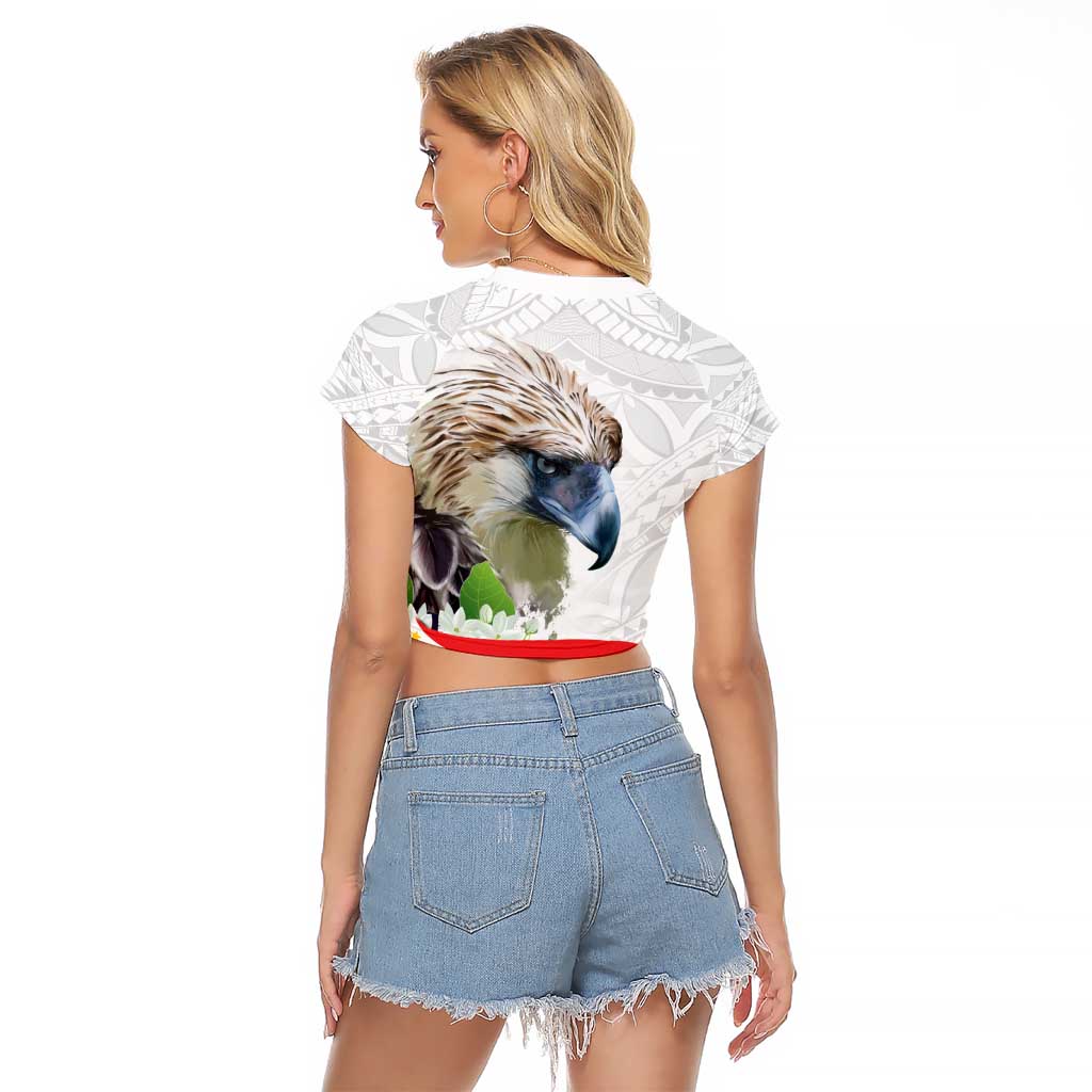 Philippines Eagle and Sampaguita Flowers Raglan Cropped T Shirt Polynesian Pattern